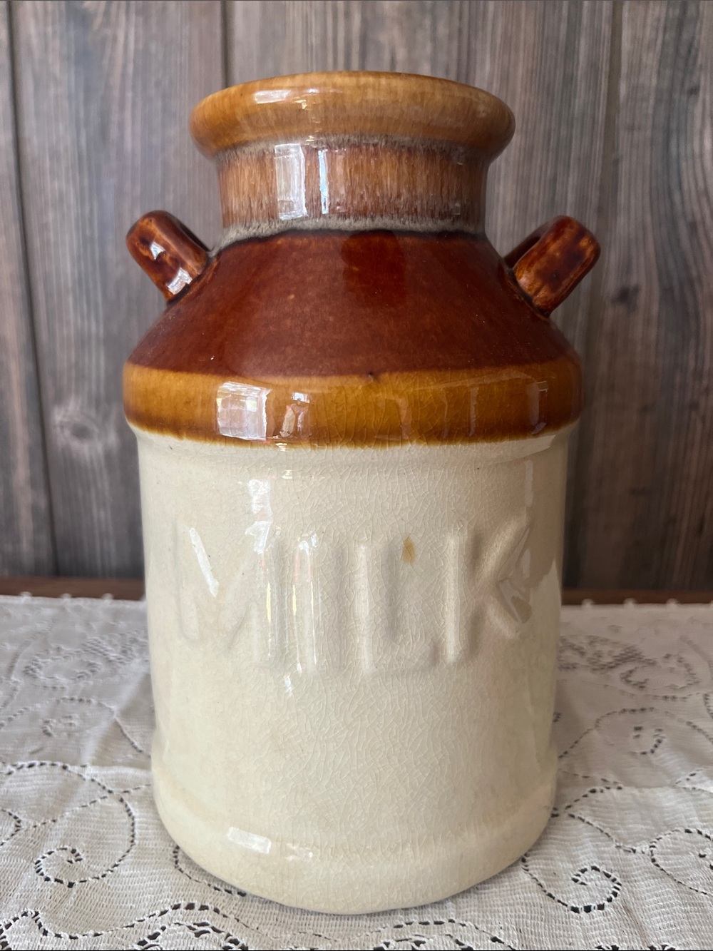 Vintage Ceramic Farmhouse Milk Jug in Two-Tone Brown and Cream